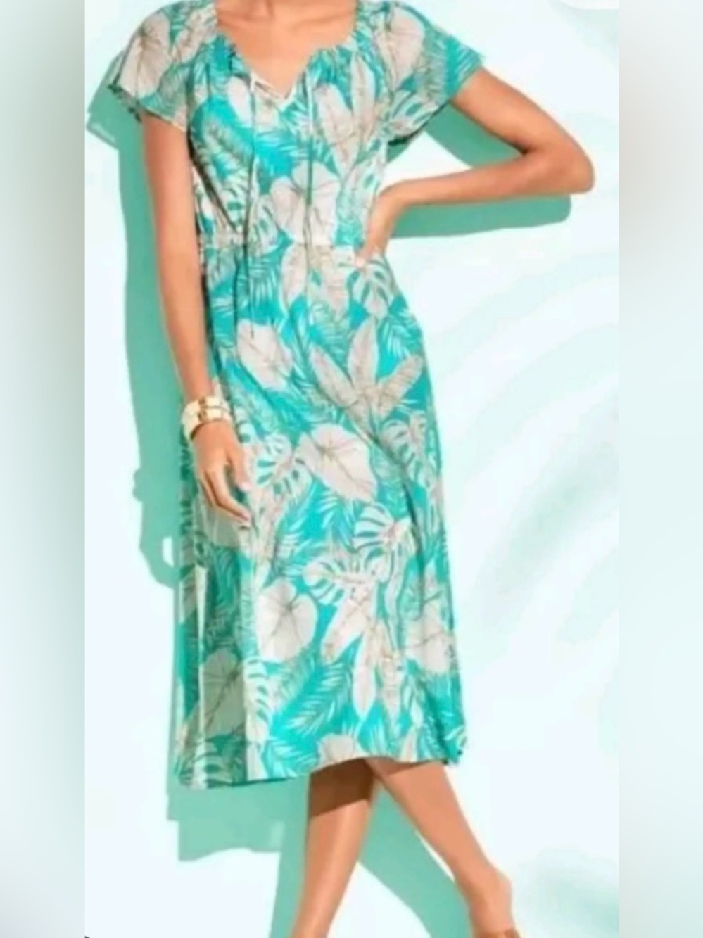 Talbots Sketched Leaves Lightweight Cotton Fit And Flare Midi Dress 16 Petite